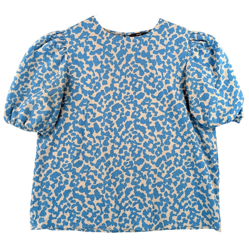 Max Fashion Blue Cream Abstract Print Puff Sleeve Blouse UK 16 EUR 42 Textured
